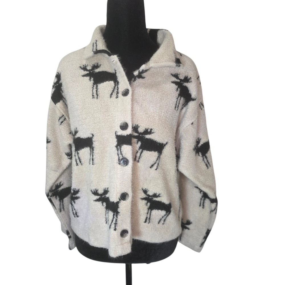 True Grit Womens M Moose Print Cardigan Sweater USA Made Cabin Lodge Western